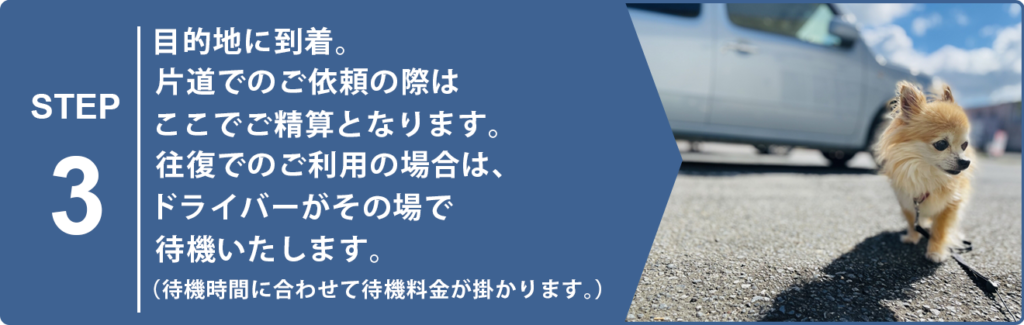 目的地に到着。片道でのご依頼の際はここでご精算となります。 往復でのご利用の場合は、ドライバーがその場で待機いたします。（待機時間に合わせて待機料金が掛かります。）