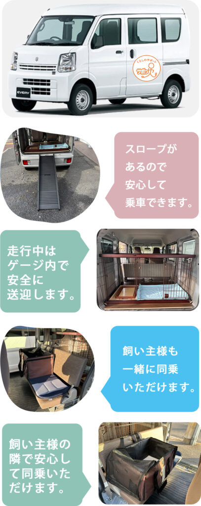 スロープがあるので安心して乗車できます。/走行中はゲージ内で安全に送迎します。/飼い主様も一緒に同乗いただけます。